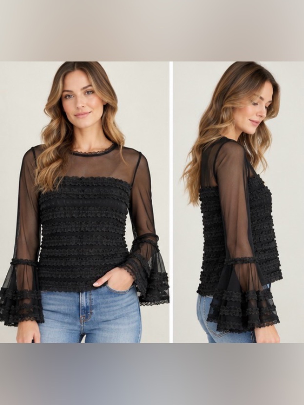 Vintage Tadashi Black Sheer Mesh Ruffle Corset Top Bell Sleeve Size M